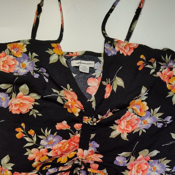 American Eagle Shirt Small Black Floral Cinch Front Tank Top Cami AEO whimsigoth - Picture 3 of 9